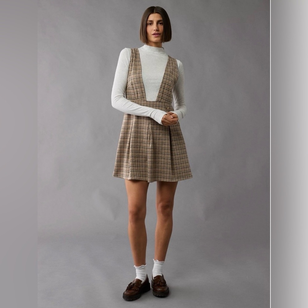 American Eagle Outfitters Tan Plaid Backless Pinafore Dress